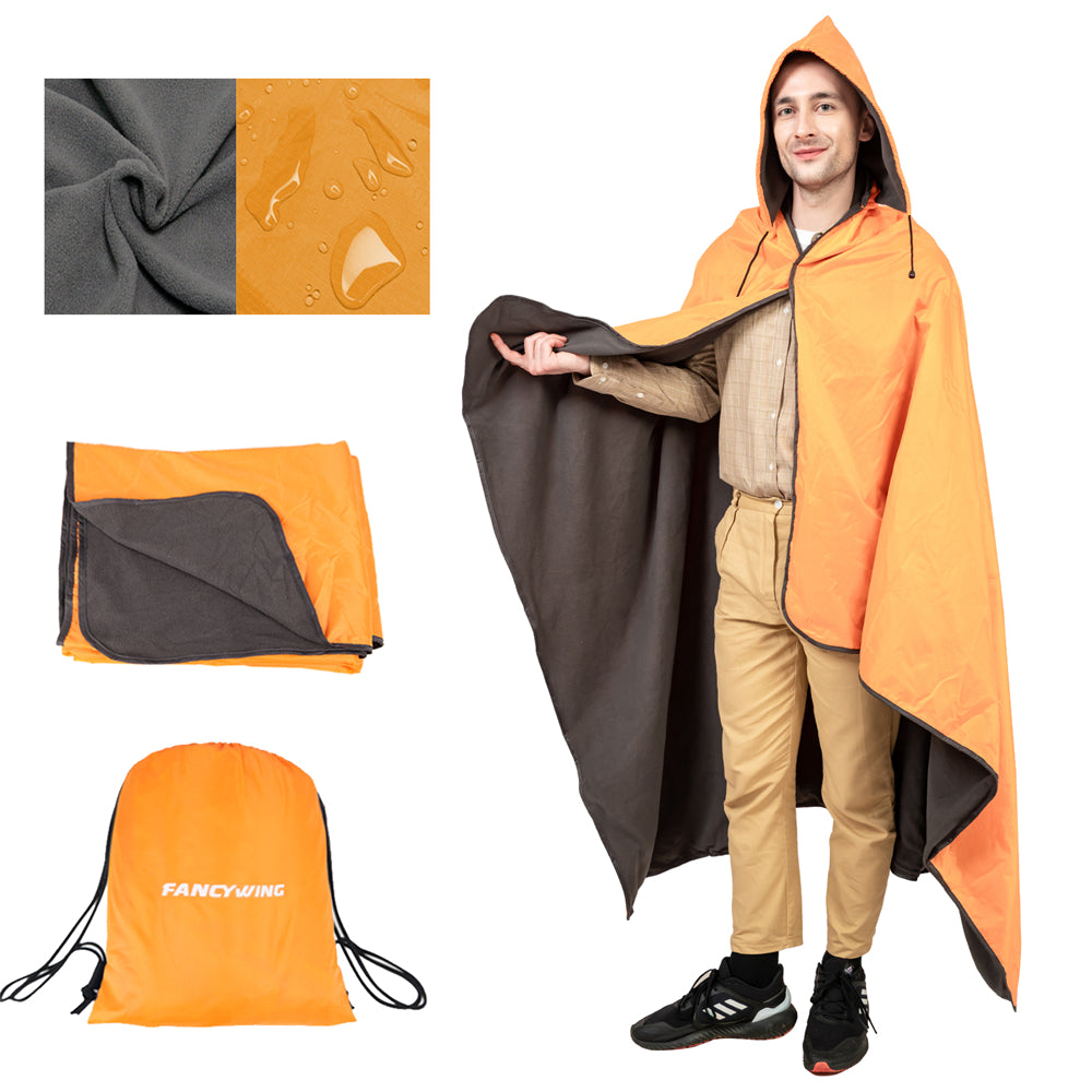 DUKUSEEK Hoodie Blanket Waterproof for Outdoor Camping, Picnic, Stadium, Sports, Beach, Concerts, Car, Dogs,  Stadium Blanket Fleece Blanket Extra Large with Hood (79 x 56 inches) Orange