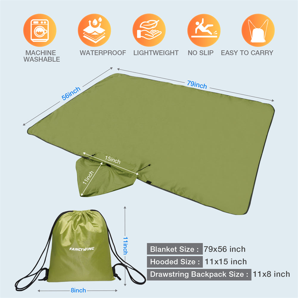 DUKUSEEK Hoodie Blanket Waterproof for Outdoor Camping, Picnic, Stadium, Sports, Beach, Concerts, Car, Dogs,  Stadium Blanket Fleece Blanket Extra Large with Hood (79 x 56 inches) Army Green