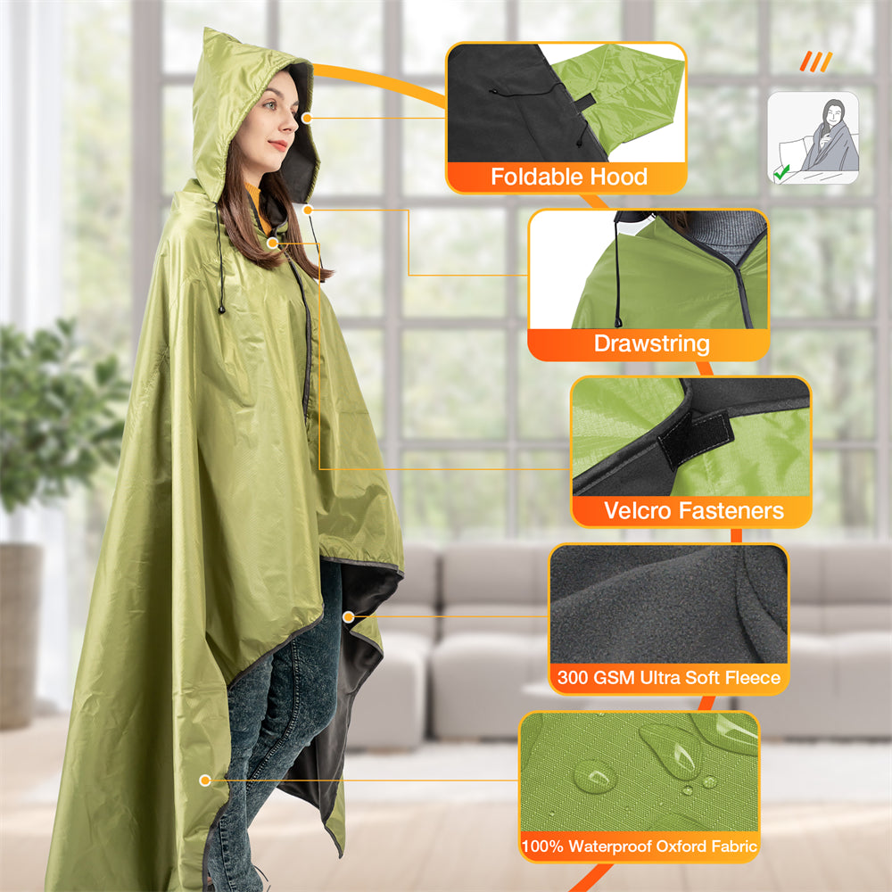 DUKUSEEK Hoodie Blanket Waterproof for Outdoor Camping, Picnic, Stadium, Sports, Beach, Concerts, Car, Dogs,  Stadium Blanket Fleece Blanket Extra Large with Hood (79 x 56 inches) Army Green