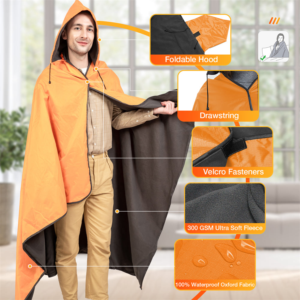 DUKUSEEK Hoodie Blanket Waterproof for Outdoor Camping, Picnic, Stadium, Sports, Beach, Concerts, Car, Dogs,  Stadium Blanket Fleece Blanket Extra Large with Hood (79 x 56 inches) Orange