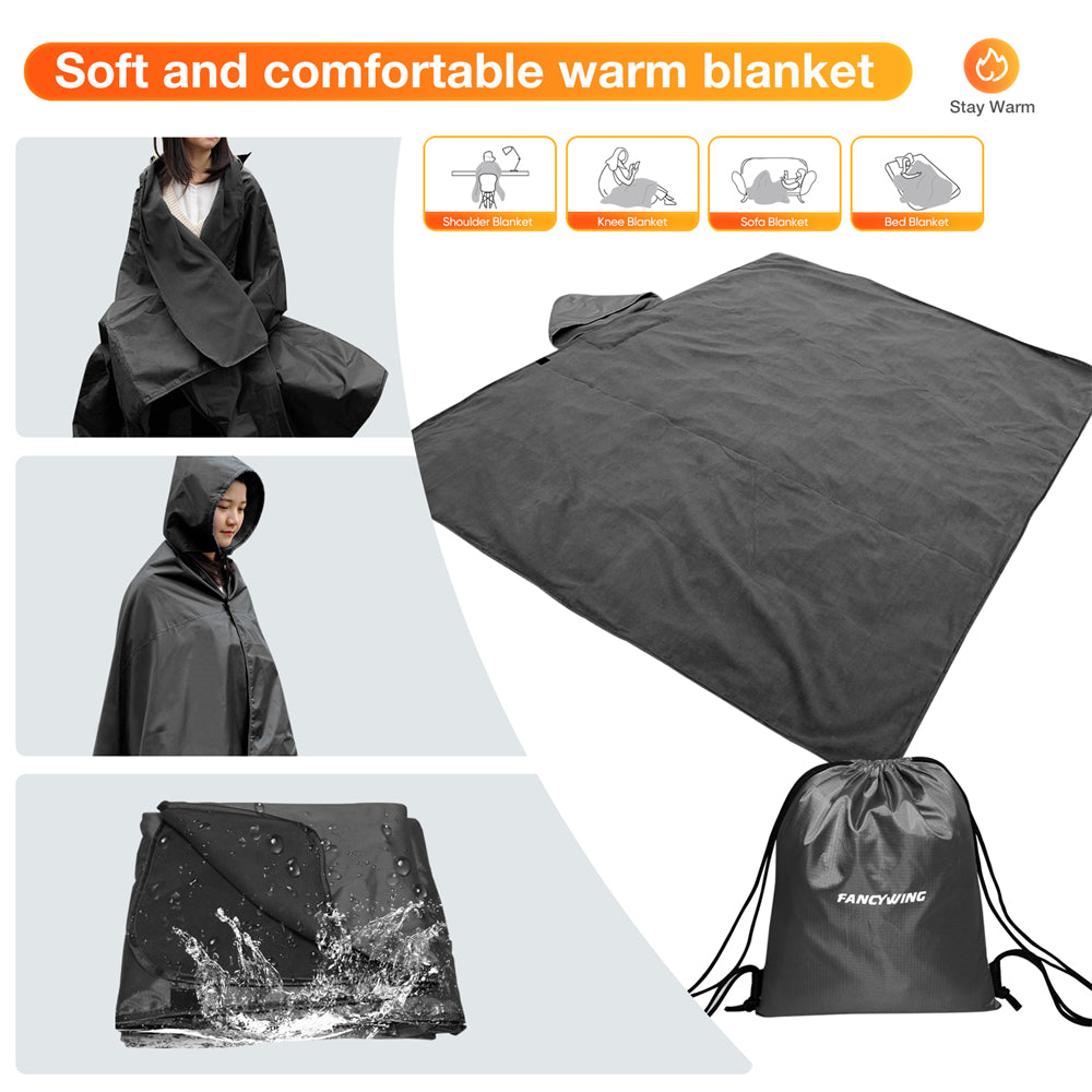 DUKUSEEK Hoodie Blanket Waterproof for Outdoor Camping, Picnic, Stadium, Sports, Beach, Concerts, Car, Dogs,  Stadium Blanket Fleece Blanket Extra Large with Hood (79 x 56 inches) Black