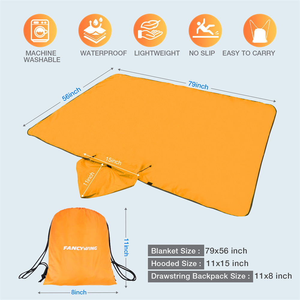 DUKUSEEK Hoodie Blanket Waterproof for Outdoor Camping, Picnic, Stadium, Sports, Beach, Concerts, Car, Dogs,  Stadium Blanket Fleece Blanket Extra Large with Hood (79 x 56 inches) Orange