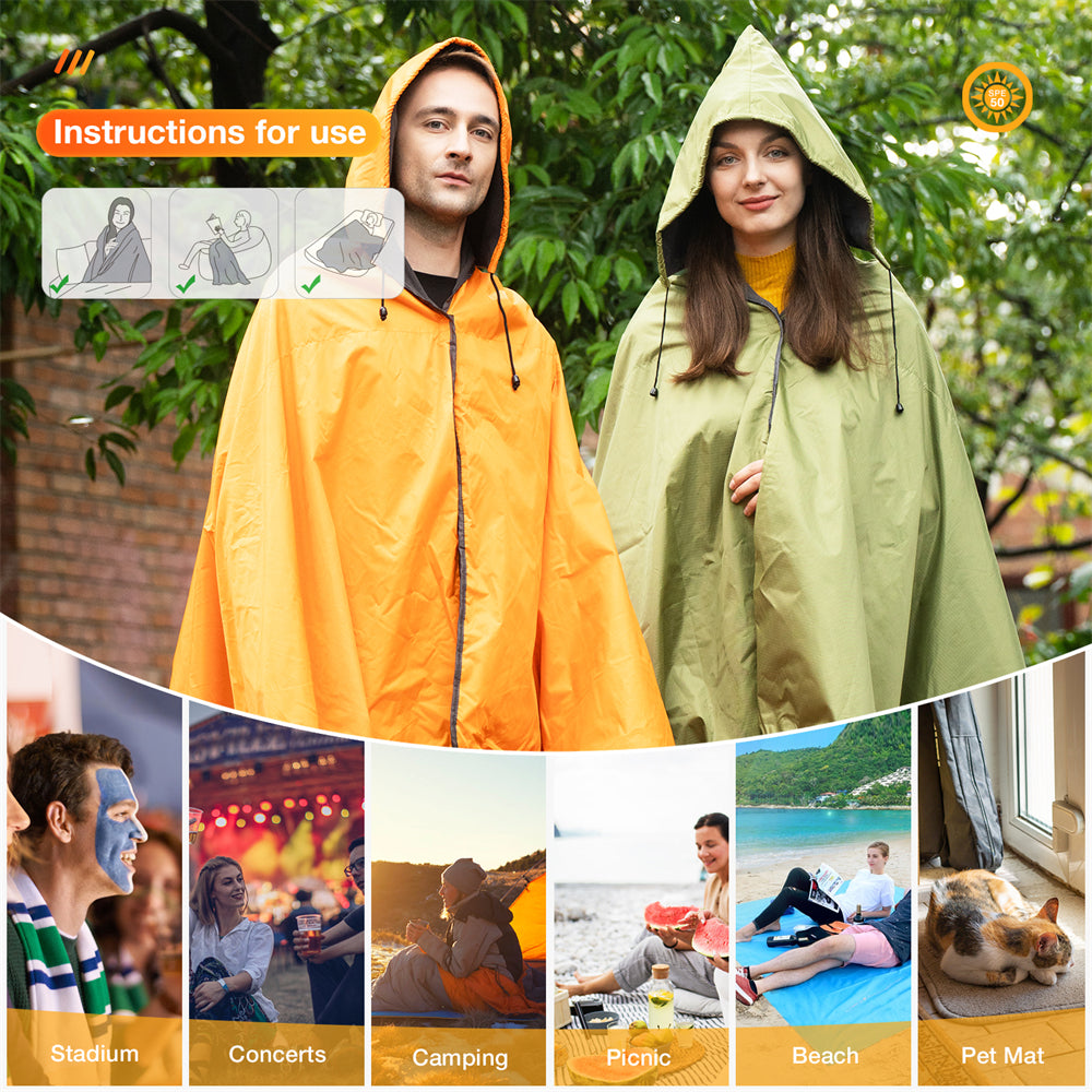 DUKUSEEK Hoodie Blanket Waterproof for Outdoor Camping, Picnic, Stadium, Sports, Beach, Concerts, Car, Dogs,  Stadium Blanket Fleece Blanket Extra Large with Hood (79 x 56 inches) Orange