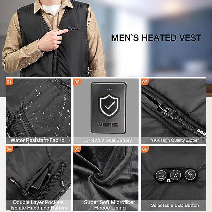 ARRIS Heated Vest Size Adjustable 7.4V 7500mah Battery Warm Vest for Men