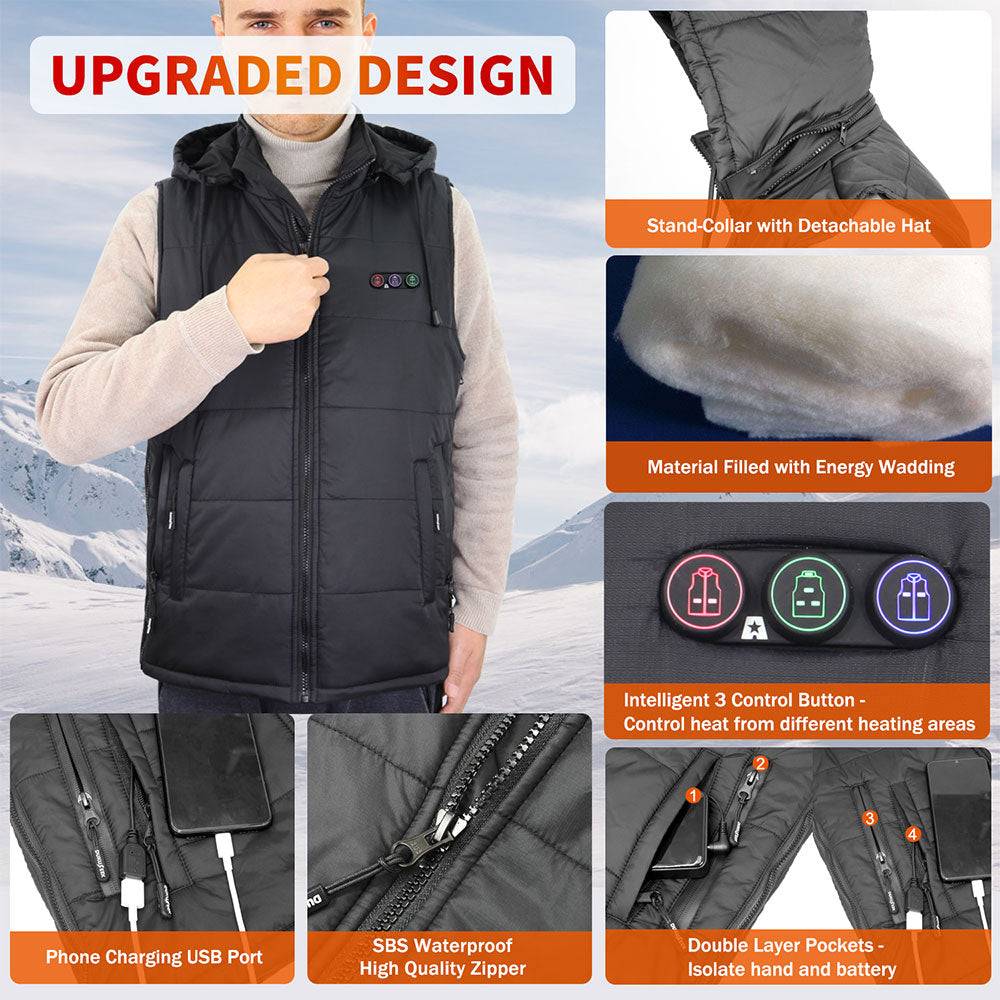 DUKUSEEK Heated Vest with Battery Pack, Lightweight Hat Detachable Unisex Size Adjustable Warm Heating Clothing for Outdoor Hiking Hunting