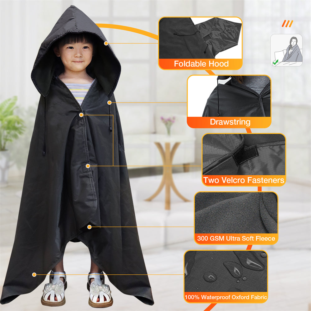 DUKUSEEK Hooded Stadium Blanket for Kids, Small Waterproof Outdoor Blankets with Fleece Linner, Kids Outdoor Wearable Blanket for Sporting Events, Camping, Picnic, Games, Stadium, 56''x28''