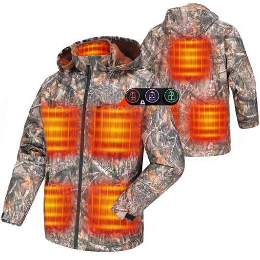 DUKUSEEK Camo Heated Jacket for Men with Detachable Hood Rechargeable 7500mAH Battery for Winter Hunting