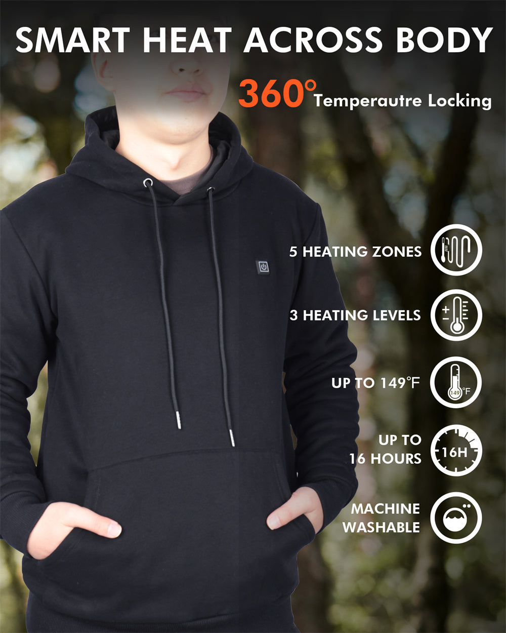 5V Electric Heated Hoodie Pullover Hoodie with 10000mah Battery Pack for Men 5 Heating Zones