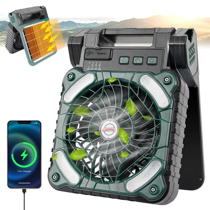 DUKUSEEK Solar Powered Fan Camping with LED Light, 10400mAh Portable Camping Fan with Solar Panel, Rechargeable Battery Operated Tent Camp Fan with Remote for Outdoor Car RV Hurricane