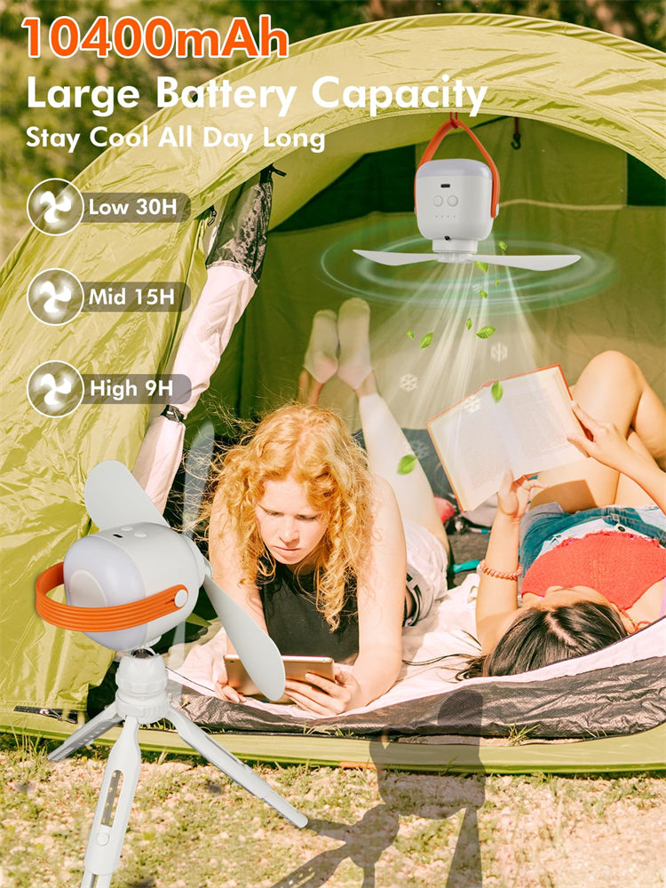 DUKUSEEK Portable Tent Ceiling Fan for Camping, 7500mAh Rechargeable Battery Operated Fan with Foldable Tripod & Hanging Hook, Camp Tent Hanging Fan, USB Table Fan with Light for Outages Hurricane Emergency