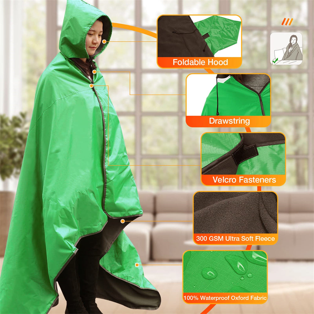 DUKUSEEK Hoodie Blanket Waterproof for Outdoor Camping, Picnic, Stadium, Sports, Beach, Concerts, Car, Dogs,  Stadium Blanket Fleece Blanket Extra Large with Hood (79 x 56 inches) Bright Green