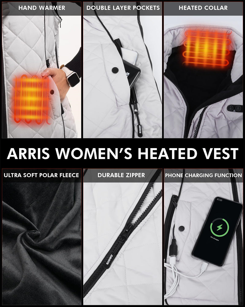 ARRIS Heated Vest for Women, Size Adjustable 7.4V Electric Warm Vest 8 Heating Panels with Battery Pack