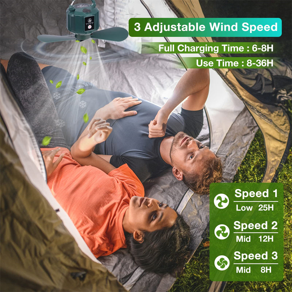 DUKUSEEK Tent Ceiling Fans for Camping, Portable Tent Fans with LED Light and Remote Control, Power Bank, USB Battery Operated Camping Fan with Hanging Hook for Canopy Tent, RV