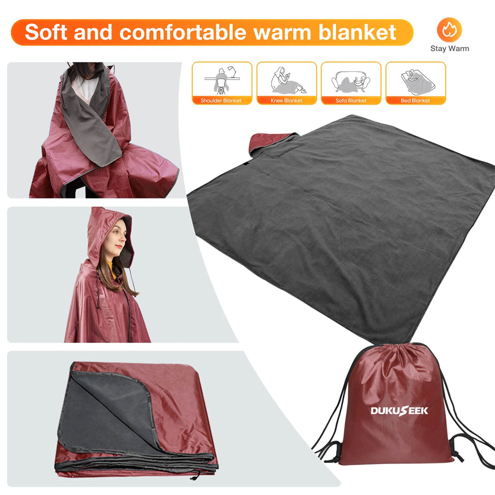 DUKUSEEK Hoodie Blanket Waterproof for Outdoor Camping, Picnic, Stadium, Sports, Beach, Concerts, Car, Dogs,  Stadium Blanket Fleece Blanket Extra Large with Hood (79 x 56 inches) Wine Red