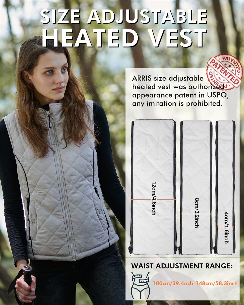 ARRIS Heated Vest for Women, Size Adjustable 7.4V Electric Warm Vest 8 Heating Panels with Battery Pack