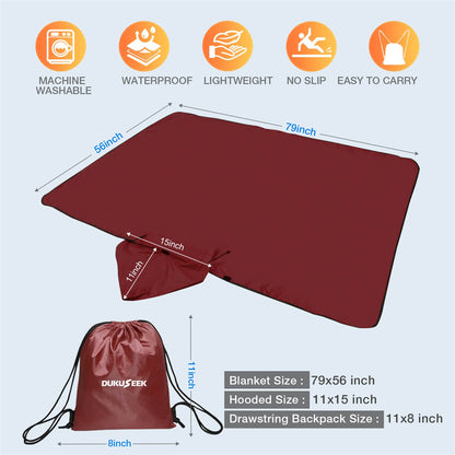 DUKUSEEK Hoodie Blanket Waterproof for Outdoor Camping, Picnic, Stadium, Sports, Beach, Concerts, Car, Dogs,  Stadium Blanket Fleece Blanket Extra Large with Hood (79 x 56 inches) Wine Red