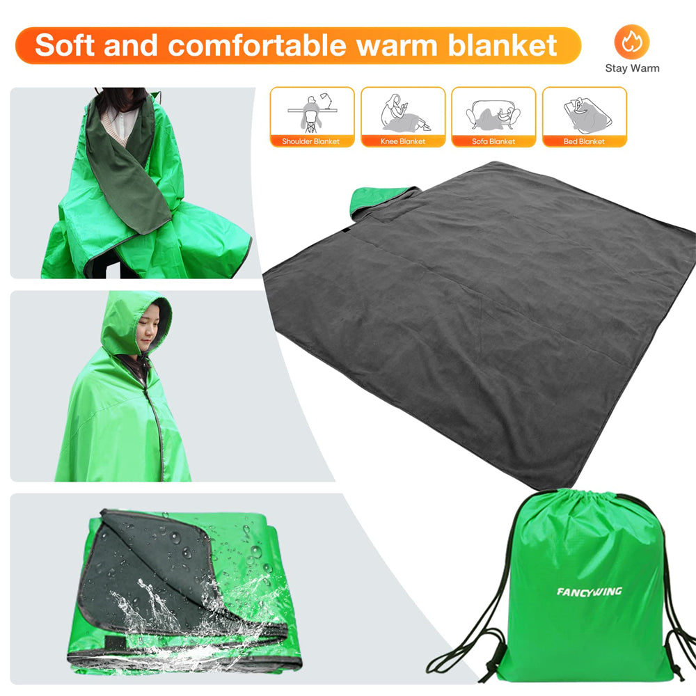 DUKUSEEK Hoodie Blanket Waterproof for Outdoor Camping, Picnic, Stadium, Sports, Beach, Concerts, Car, Dogs,  Stadium Blanket Fleece Blanket Extra Large with Hood (79 x 56 inches) Bright Green