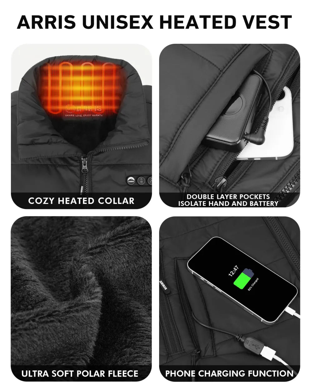 ARRIS unisex heated vest has cozy heated collar and soft polar fleece inside