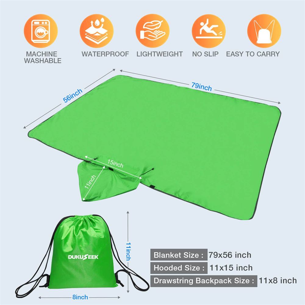 DUKUSEEK Hoodie Blanket Waterproof for Outdoor Camping, Picnic, Stadium, Sports, Beach, Concerts, Car, Dogs,  Stadium Blanket Fleece Blanket Extra Large with Hood (79 x 56 inches) Bright Green