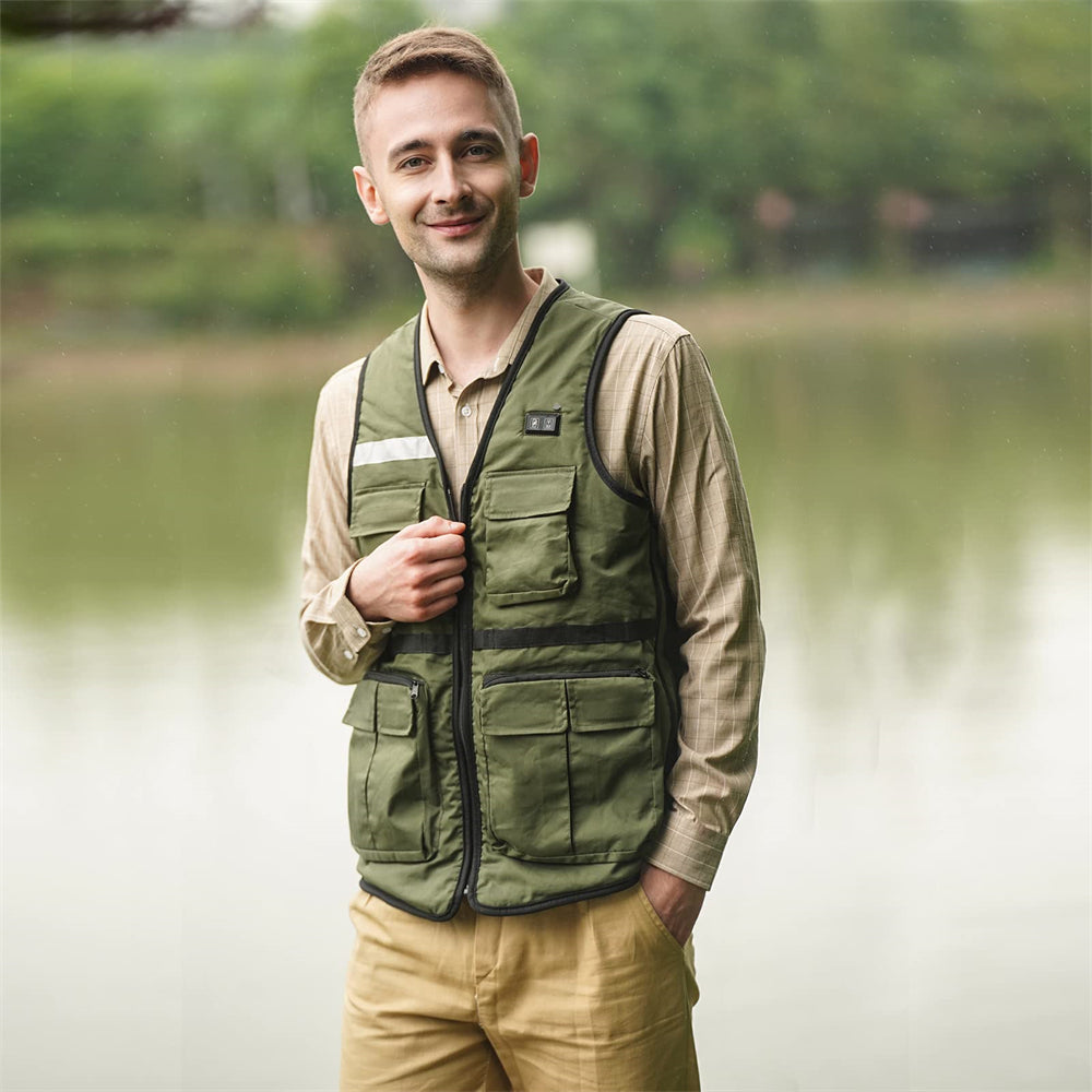 DUKUSEEK Heated Vest Men's Fishing Vest, USB Charging with LED Light Bar on the Back Warm Heated Fishing Vest for Fishing, Hunting, Safari, Travel, Shooting, Outdoor Work, Outdoor Activities (Battery Not Included)