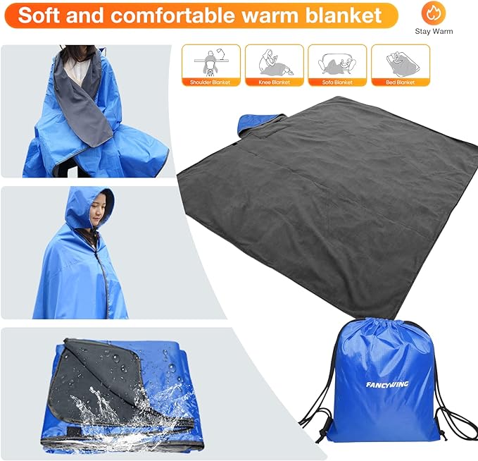 DUKUSEEK Outdoor Waterproof Stadium Blanket, XL Large (79x56") Hooded Stadium Blankets with Fleece, Warm Outside Blankets for Cold Weather, Camping, Sports, Football