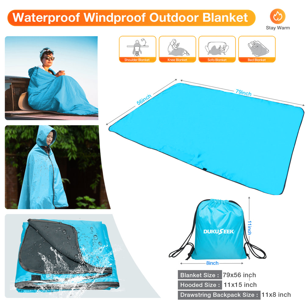 DUKUSEEK Hoodie Blanket Waterproof for Outdoor Camping, Picnic, Stadium, Sports, Beach, Concerts, Car, Dogs,  Stadium Blanket Fleece Blanket Extra Large with Hood (79 x 56 inches) Sky Blue