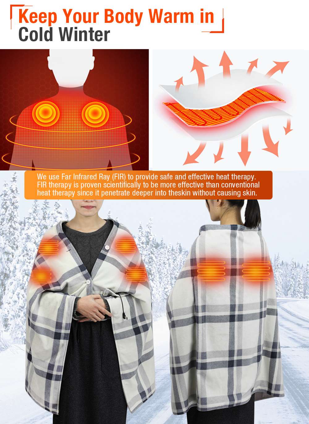 ARRIS 5V USB Portable Wearable Heated Fleece Shawl Cape Blanket for Home Office Car Camping