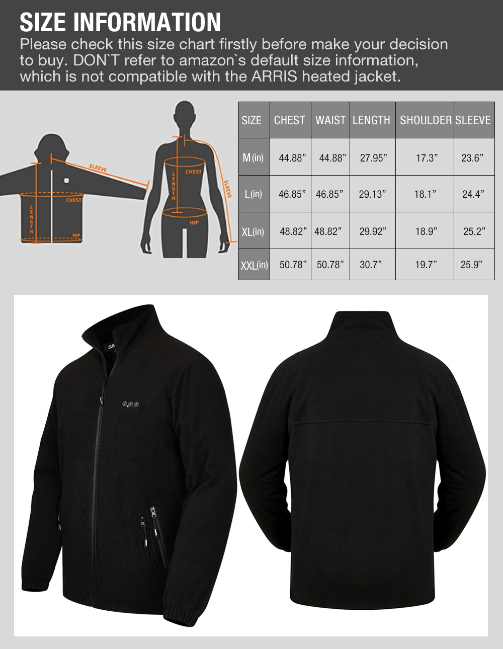 ARRIS Fleece Heated Jacket for Men, Electric Warm Heating Coat with 7.4V Rechargable Battery