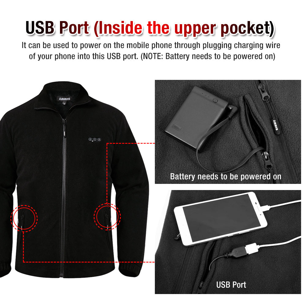 ARRIS Fleece Heated Jacket for Men, Electric Warm Heating Coat with 7.4V Rechargable Battery