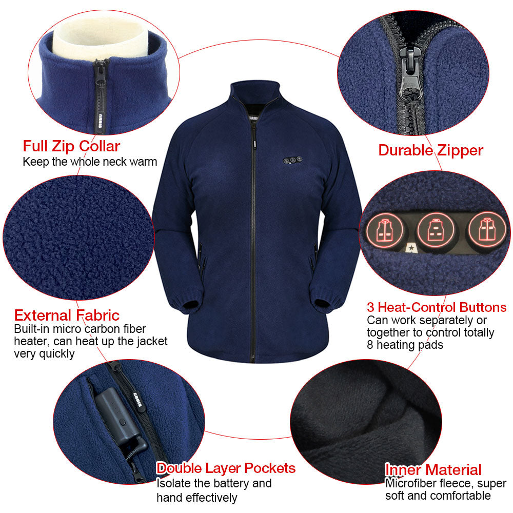 ARRIS Women`s Heated Fleece Jacket with Battery, Electric Heating Coat Full Zip w/Hand Warmer + Phone Charging Function