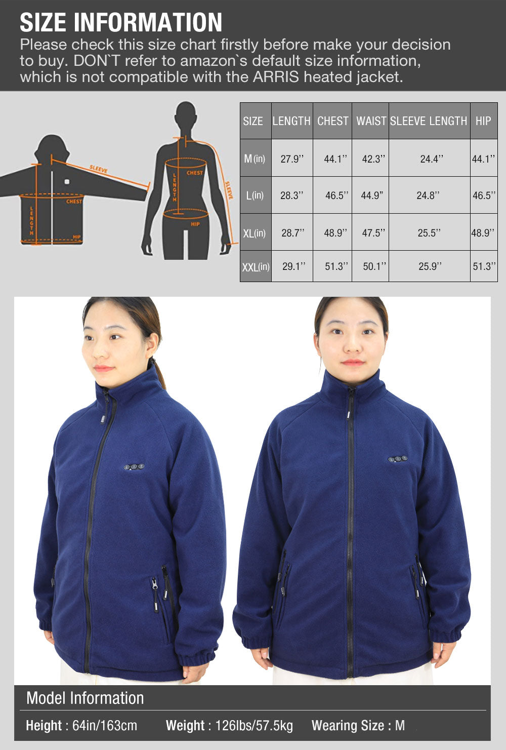 ARRIS Women`s Heated Fleece Jacket with Battery, Electric Heating Coat Full Zip w/Hand Warmer + Phone Charging Function