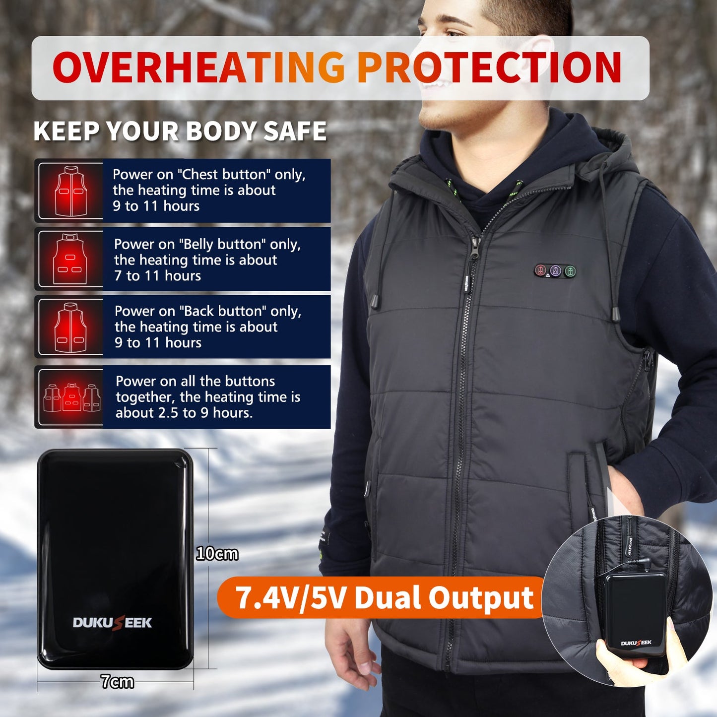 DUKUSEEK Heated Vest with Battery Pack, Lightweight Hat Detachable Unisex Size Adjustable Warm Heating Clothing for Outdoor Hiking Hunting